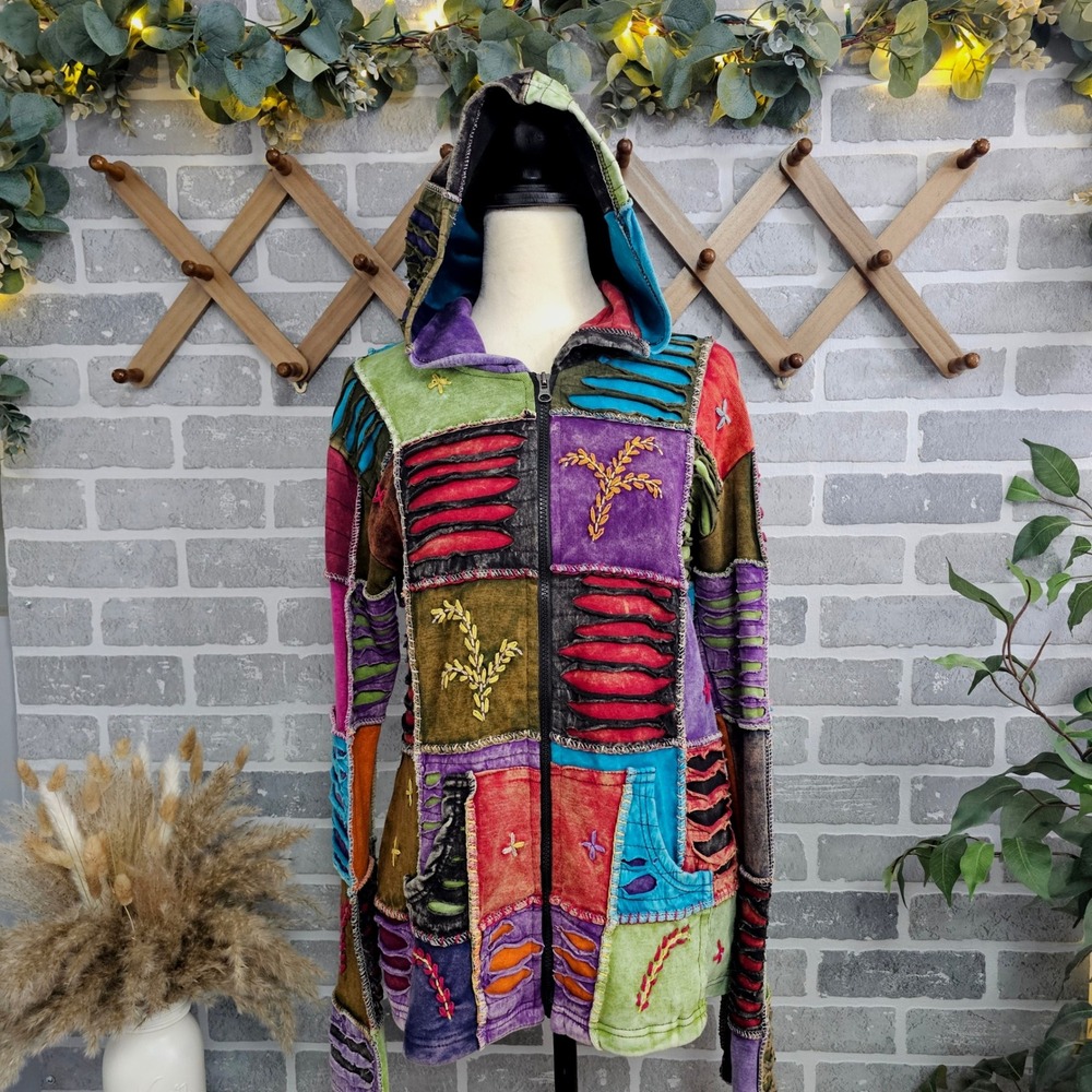 KPC Patchwork Full Zip Jacket‎ Boho Gypsy Festival Cotton Blend Medium *READ*